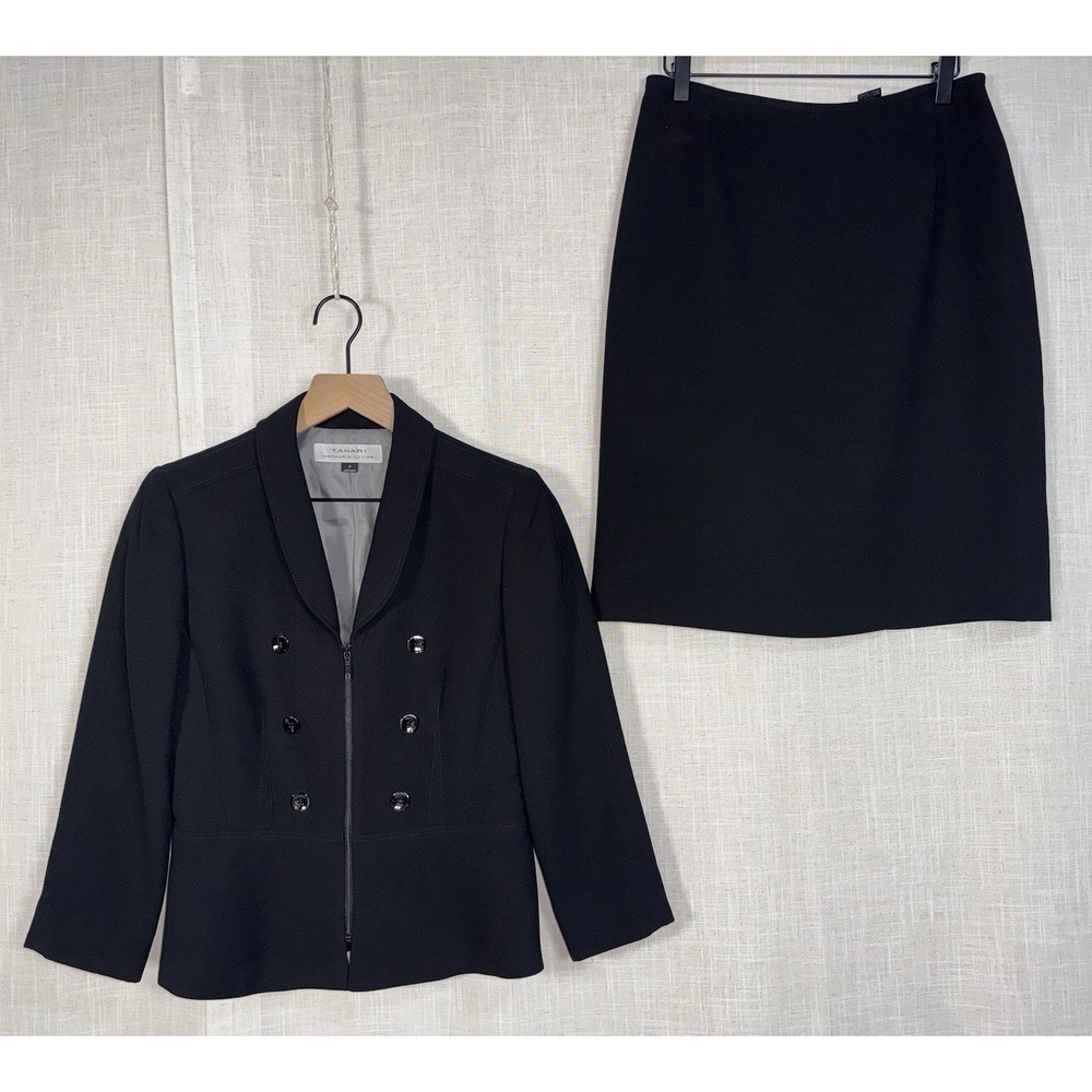 Tahari Arthur‎ S Levine Skirt Suit Blazer Set Solid Black Sz 4 Business Career